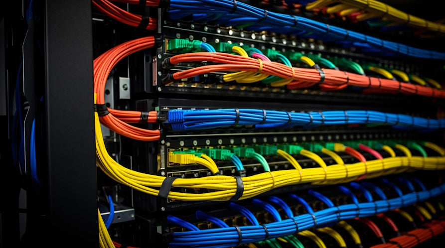 color-coded patch cables and ethernet  cables being used to implement a structured cabling system.