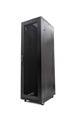 Isometric right front view of a Floor-standing Network Cabinet showing its closed lockable mesh door and the removable right side panel