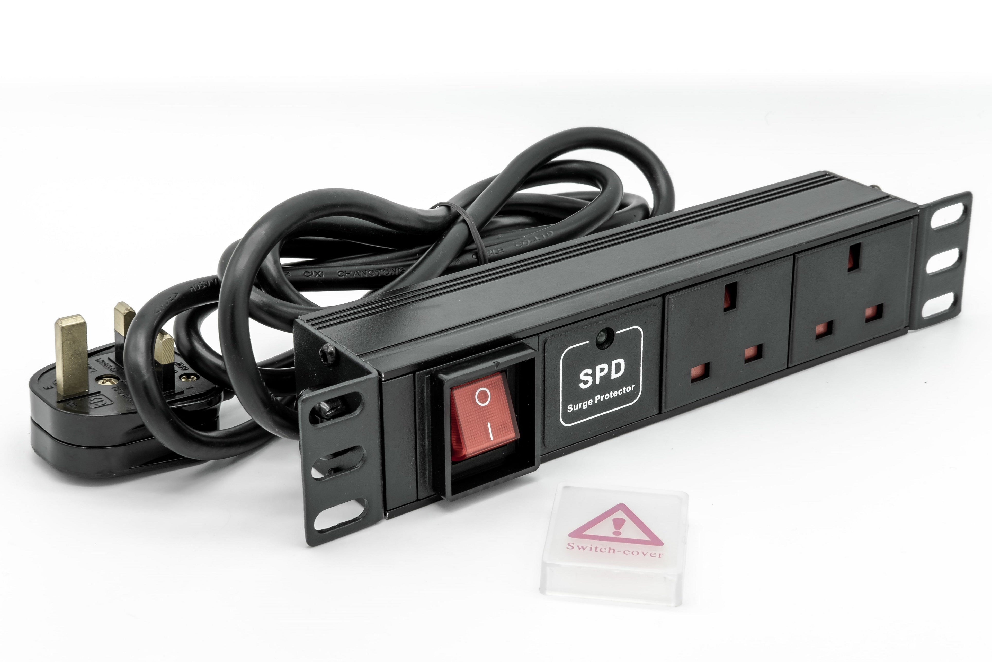 UK Socket 2-Way Switched Rack PDU shown with input power cord and UK plug tied-up