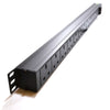 Full length slanting top view of a 1U 19" 12 Way Switched Vertical 13A UK Sockets to UK Plug Rack PDU.