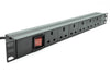 Full length slanting view of a 1U 19" 6 Way Switched Horizontal 13A UK Sockets to UK Plug Rack PDU.