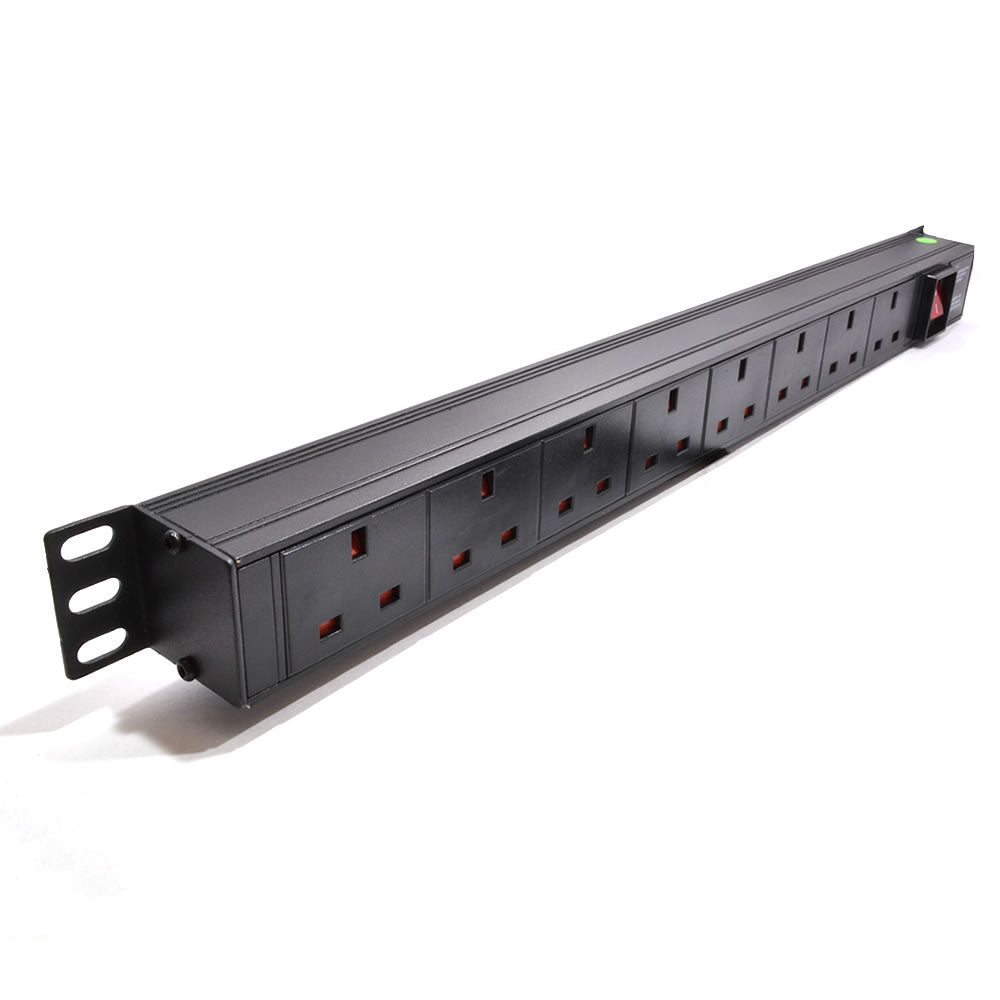 Full length slanting front view of a 1U 19" 8 Way Switched Vertical 13A UK Sockets to UK Plug Rack PDU.