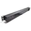 Full length slanting front view of a 1U 19" 8 Way Switched Vertical 13A UK Sockets to UK Plug Rack PDU.