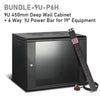 Assembled black 9U 450mm-deep wall mount network cabinet shown with a 6-way 1U Power Bar PDU on the side as bundled package.