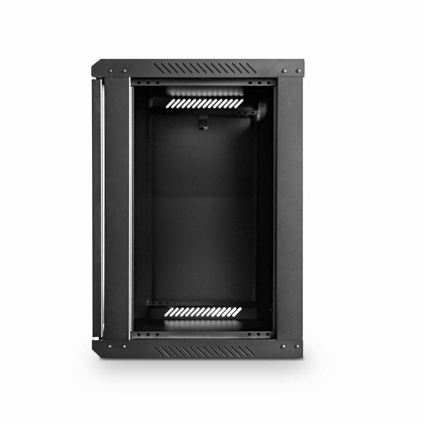 Right-side view of a black 9U 450mm-Deep Wall mount Network Cabinet  with its right panel removed.