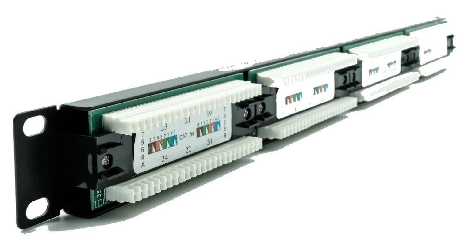 A 24 Port Cat5e Patch Panel rear side view. This product is bundled with a 9U Wall Mount Network Cabinet.