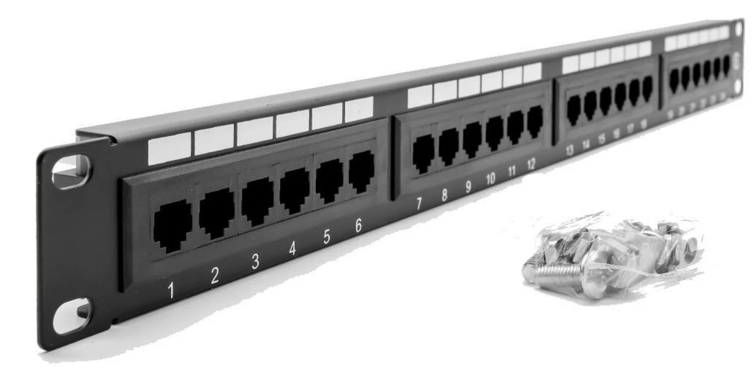 A  24-port  Patch Panel in slanting front view with its accessories on the side. This product is bundled with a 9U Wall Mount Network Cabinet.