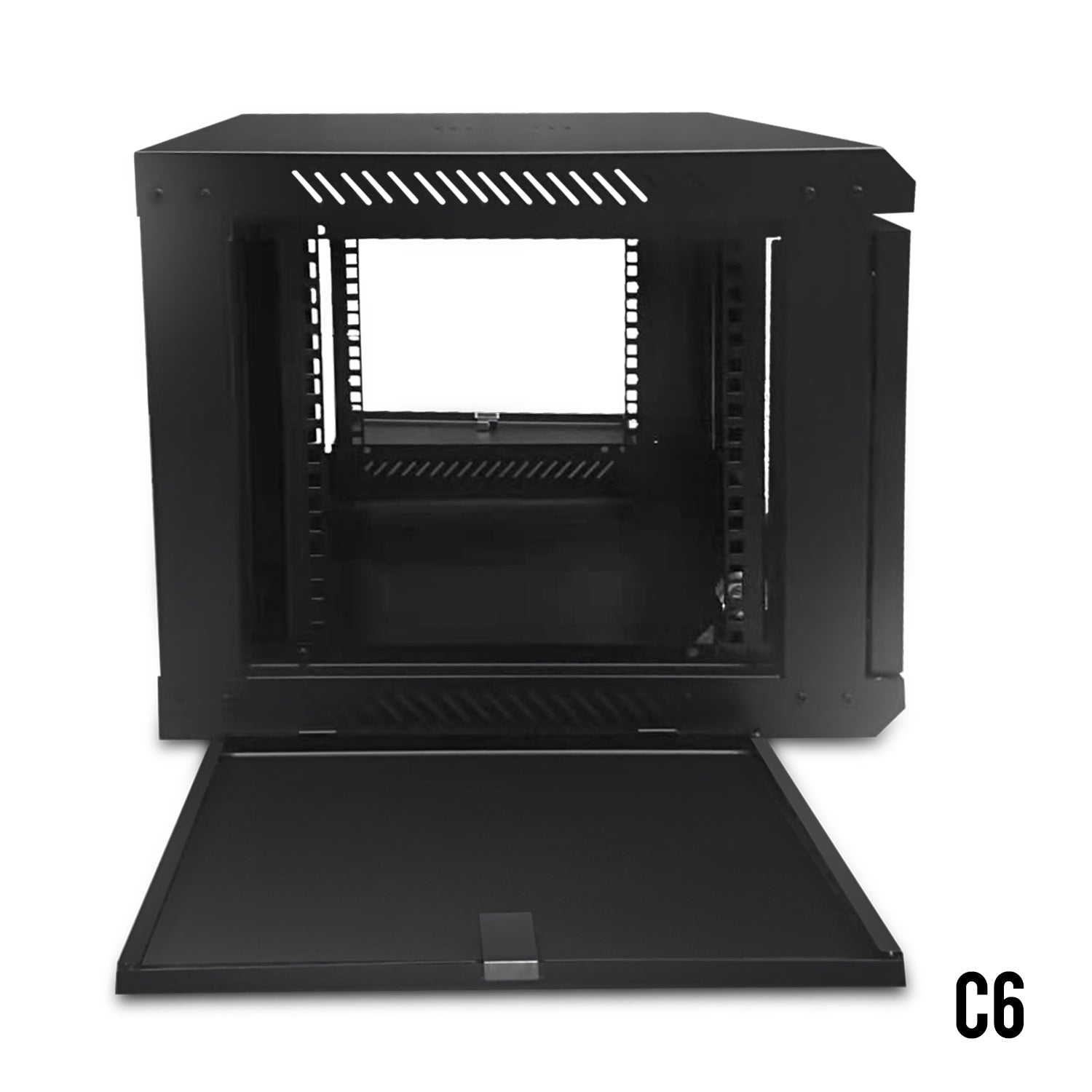 Left side view of a 6U Wall Mount Network Cabinet with the left and right panel dismantled.