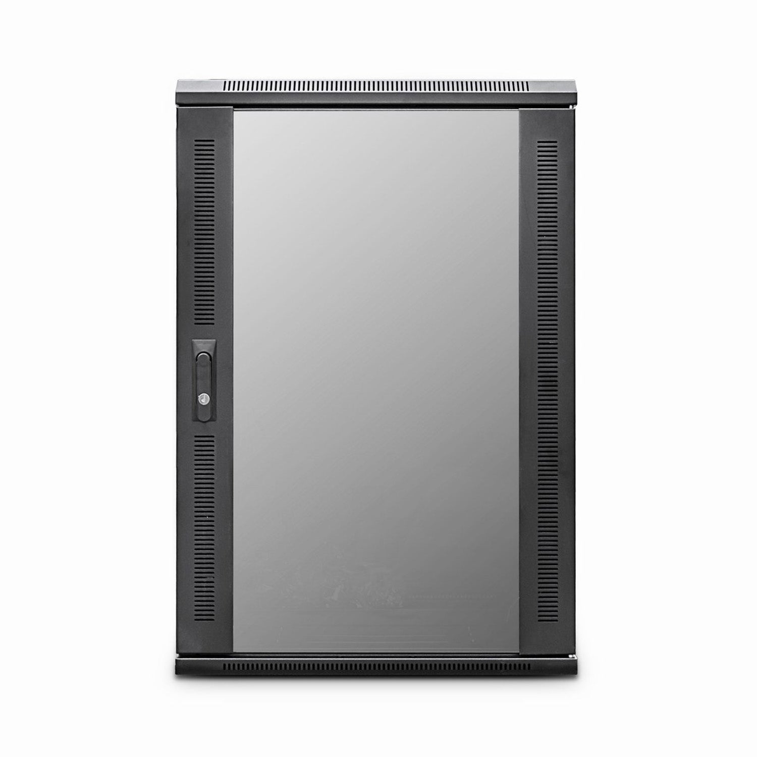 Front view of a 12U Network Cabinet showing its closed lockable and vented frame glass door