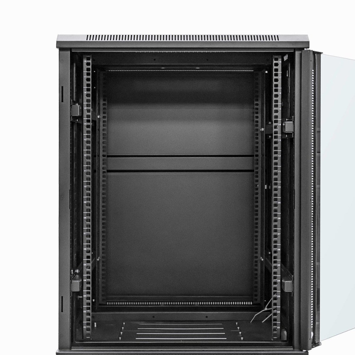 Front view of a 12U Network Cabinet  with door fully-opened showing its inner parts