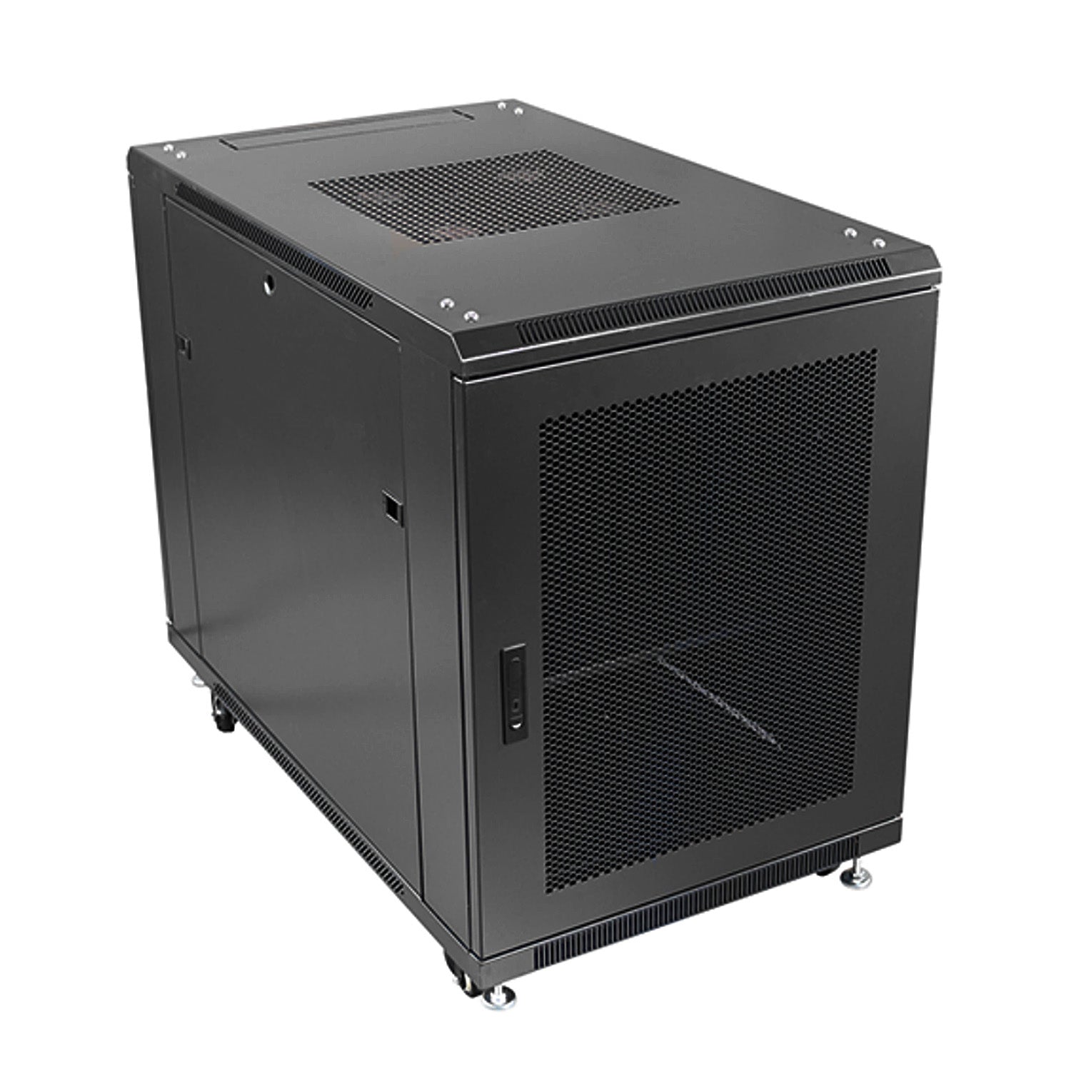 Isometric left front view of a 15U Server Rack Cabinet showing its  mesh-vented roof and lockable door