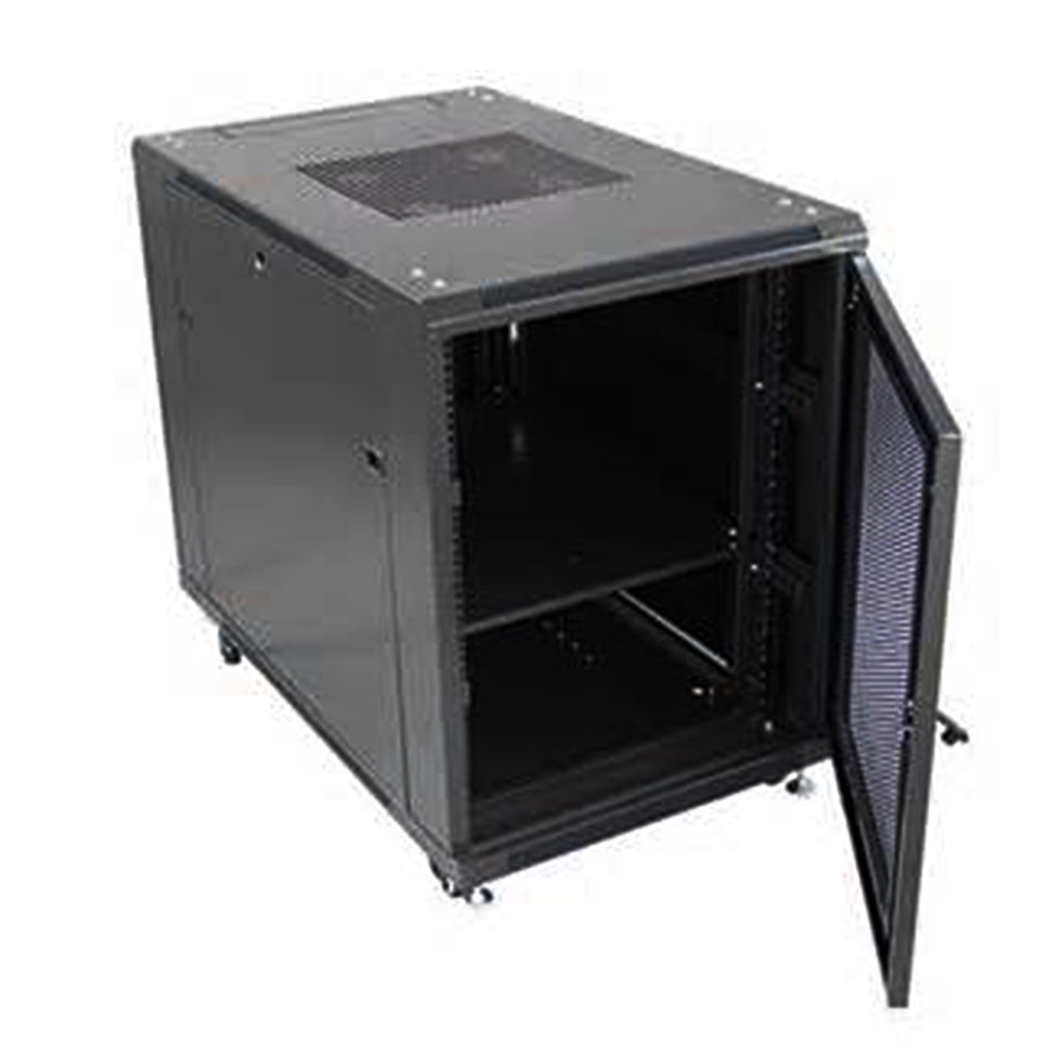 15U Server Rack Cabinet shown with open mesh lockable door and inner shelf