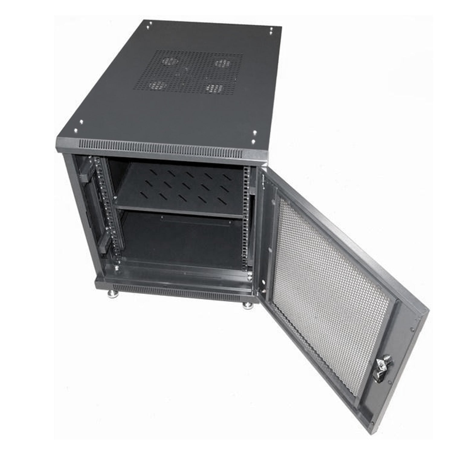 Angled front top view of 15U Server Rack Cabinet showing its opened mesh door and inner shelf