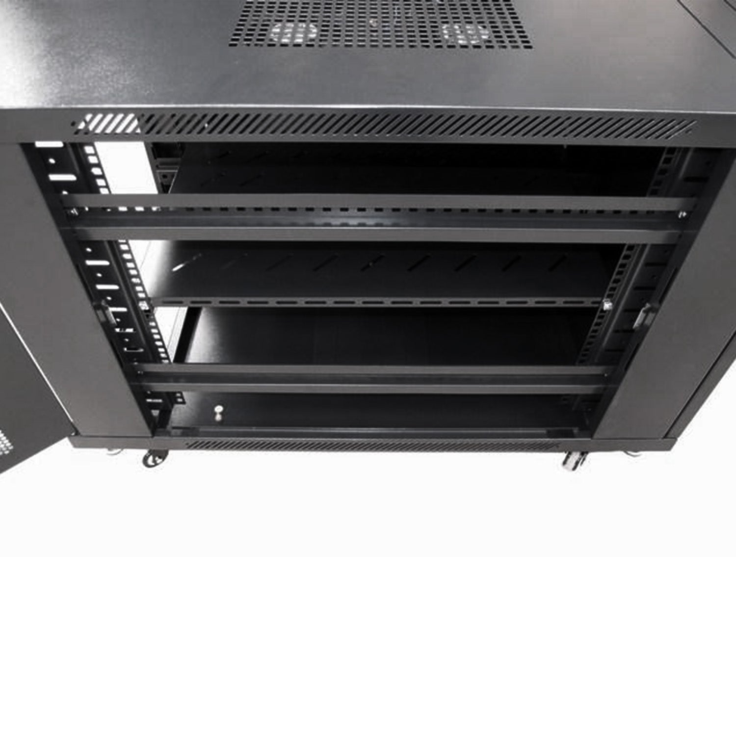 A 15U Server Rack Cabinet with removed right panel cover exposing its racks and shelf.  