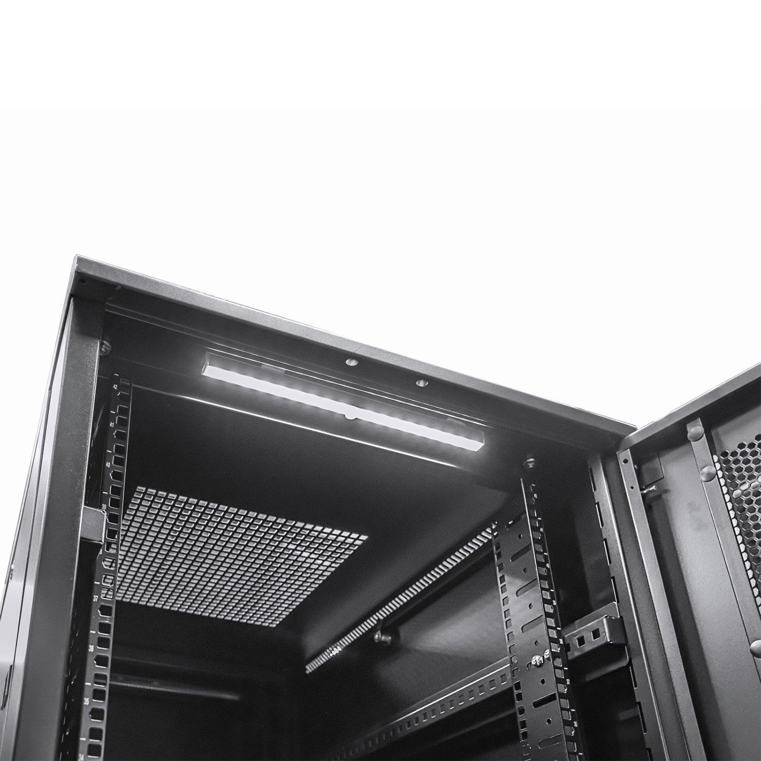 A 15U Server Rack Cabinet interior  showing its rack mounts and installed lighting.