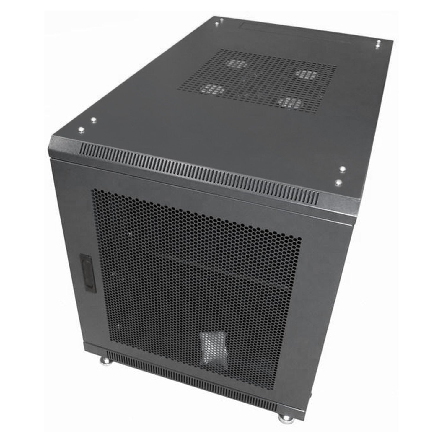 Isometric right  front view of a 12U Server Rack Cabinet showing its  mesh-vented roof and lockable door