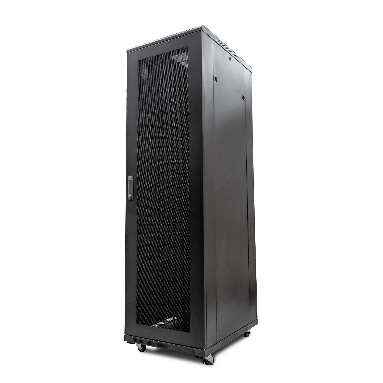 Isometric right front view of 18U Floor-standing Server Rack Cabinet showing its closed lockable mesh door and removable right side panel