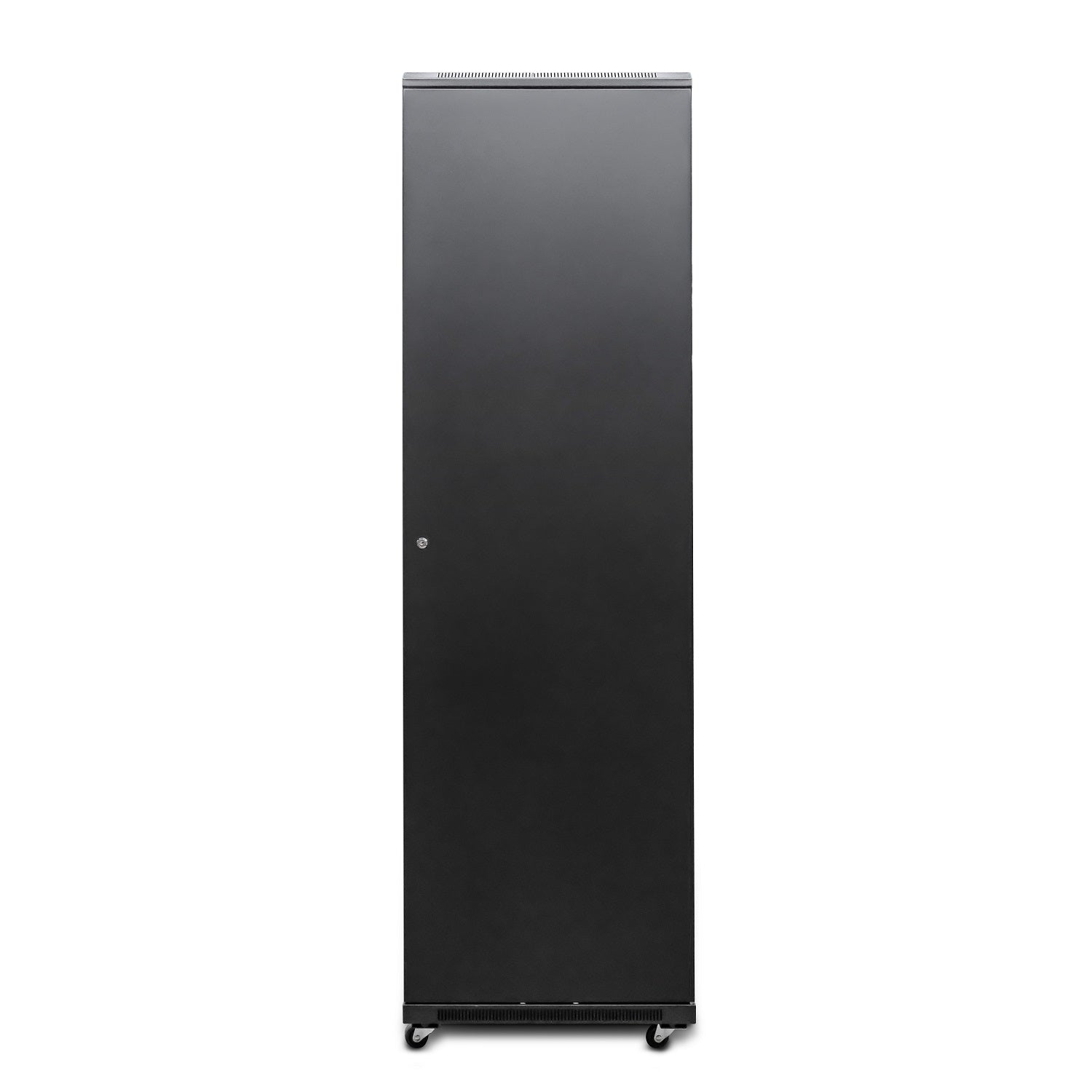 Rear view of 18U Floor-standing Server Rack Cabinet showing its closed removable and lockable rear panel and caster wheels