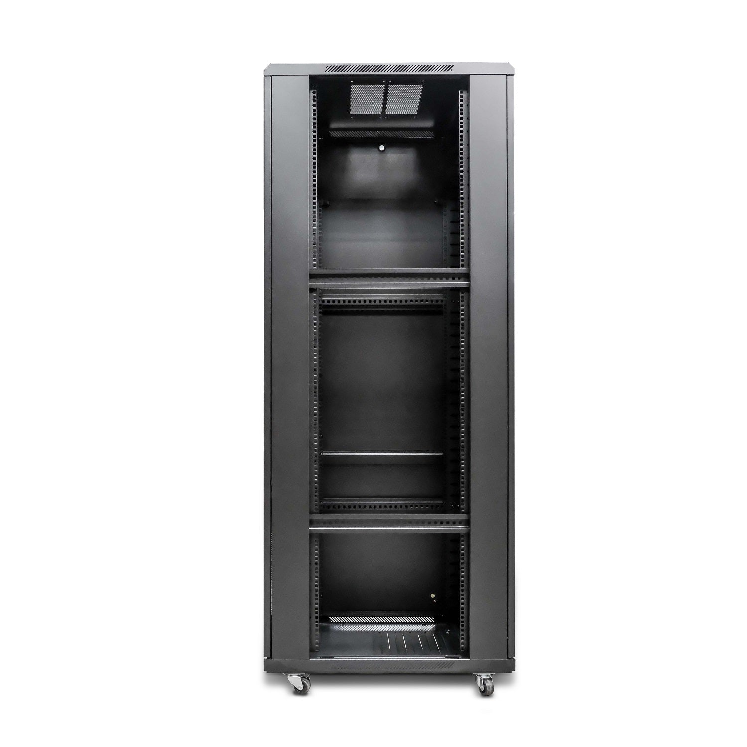 Right side view of 18U Floor-standing Server Rack Cabinet without the removable right panel, showing the interior and caster wheels.