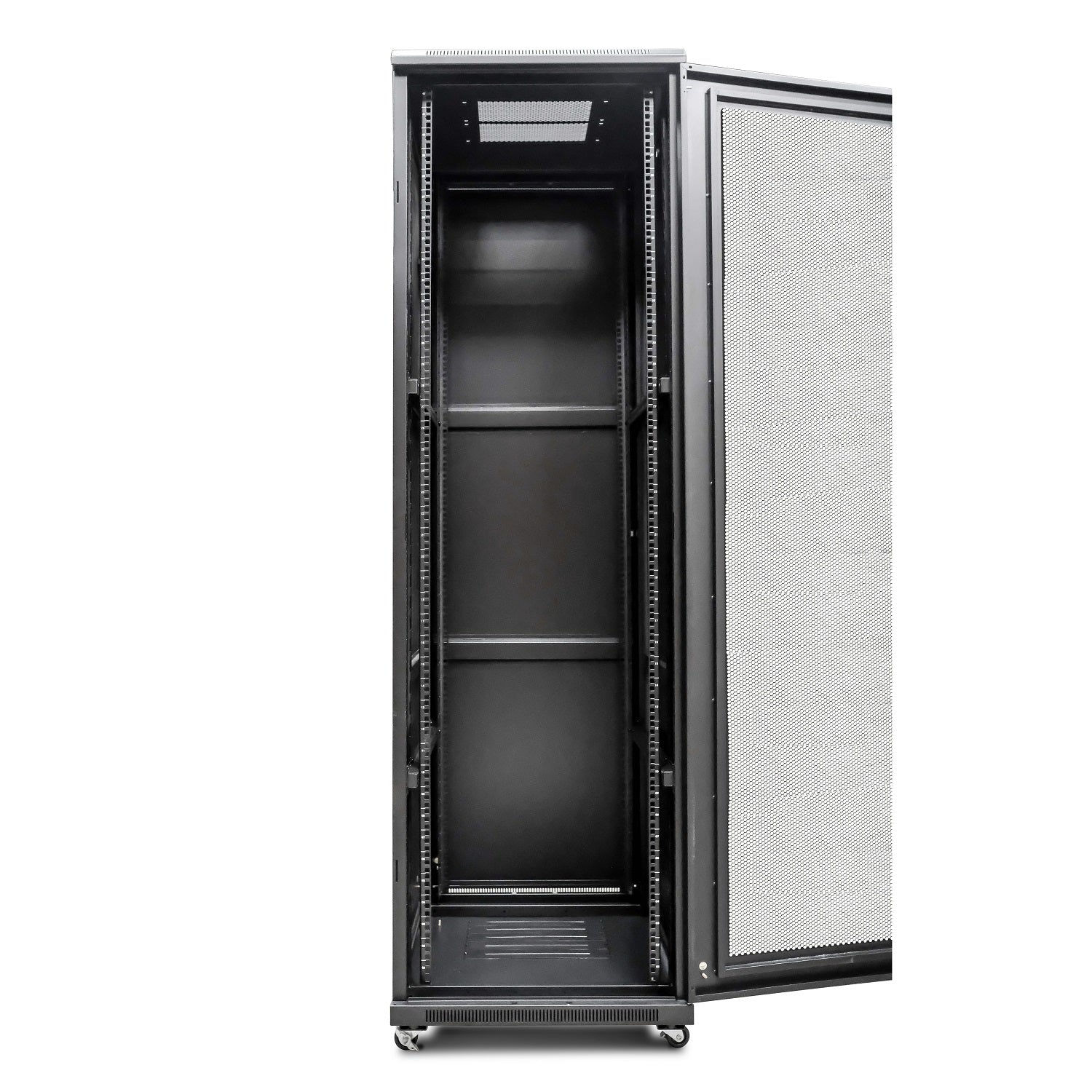 Front view of 18U Floor-standing Server Rack Cabinet with fully-opened front door, showing the vented interior and caster wheels.