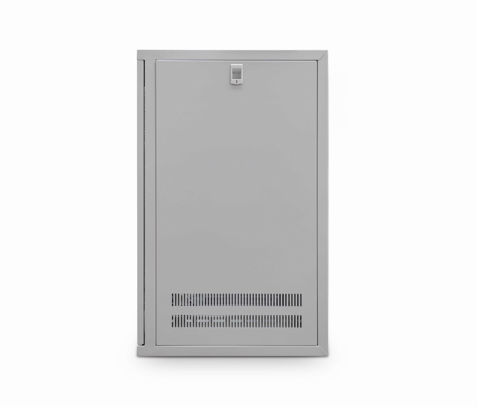 Right-side view of a grey 12U 450mm-deep  & 19" ETSI Wall Mount Network Cabinet shown with attached removable right-side panel.