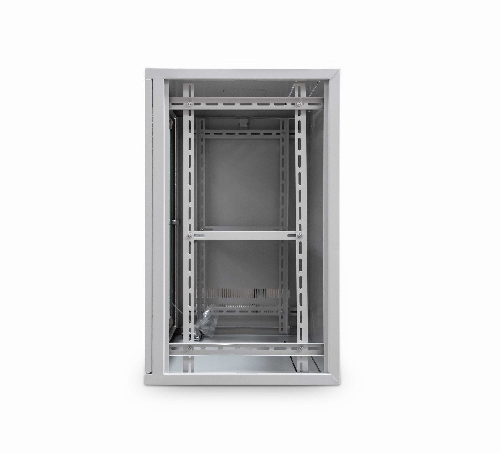 Right-side view of a grey 12U 450mm - deep  &  19" ETSI Wall Mount Network Cabinet shown with removed  right-side panel.