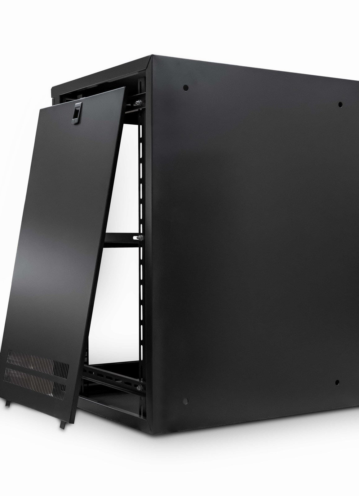 Rear Isometric view of a Black 12U 550mm -deep &  19" ETSI Wall Mount Network Cabinet shown with dismantled right-side panel.