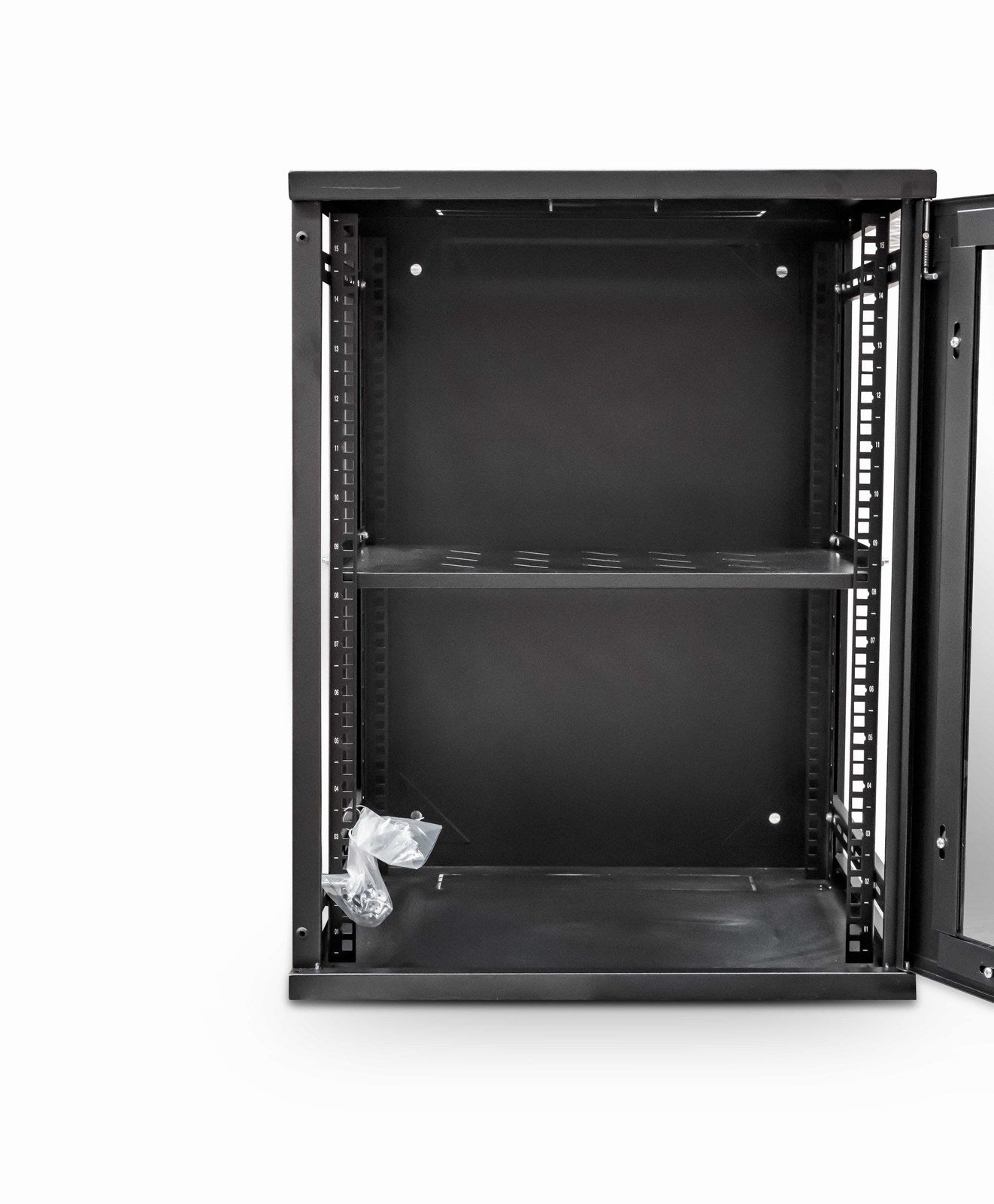 Front view of a black 12U 550mm 19" ETSI  Wall Mount Network Cabinet with Shelf shown without the side panels and the glass door is fully opened.