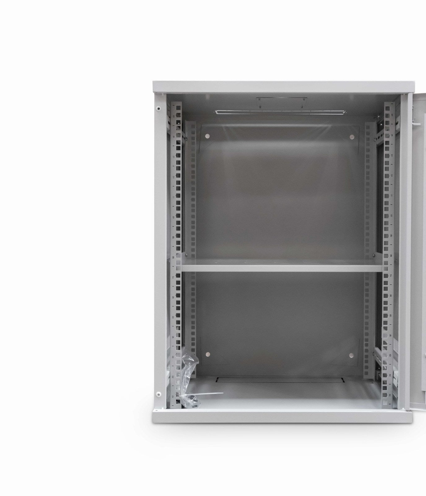 Front view of a grey 12U 550mm deep  & 19" ETSI Wall Mount Network Cabinet shown with its glass door fully opened.