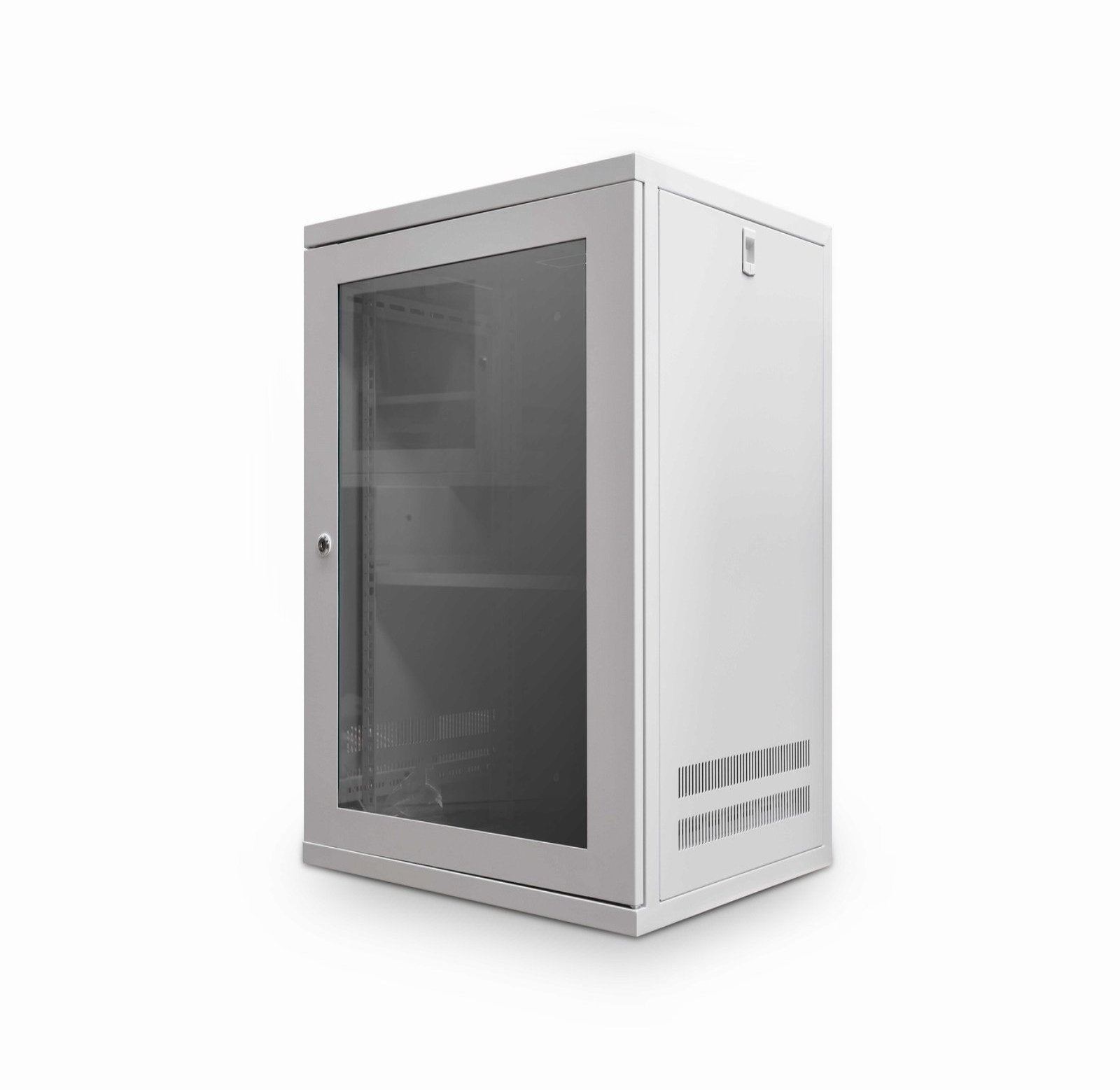 Front isometric view of a grey 12U 550mm deep & 19" ETSI Wall Mount Network Cabinet with its  glass door closed.