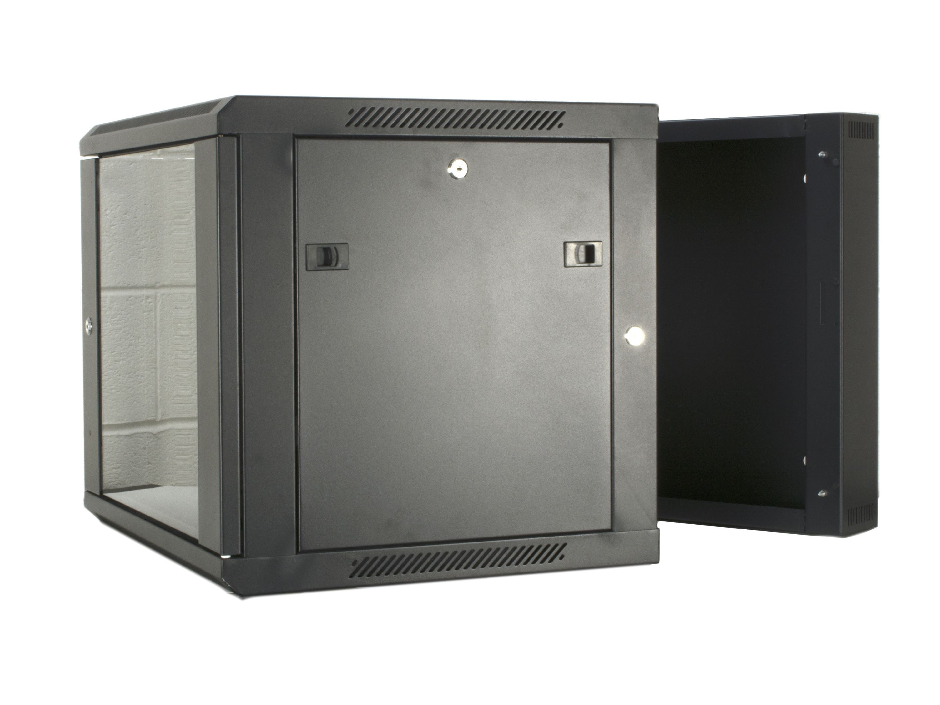 Right isometric view of a black 12U 550mm Double Sectioned Wall Mount Network Cabinet  showing its hinged rear access opened and its lockable front and right panel closed.