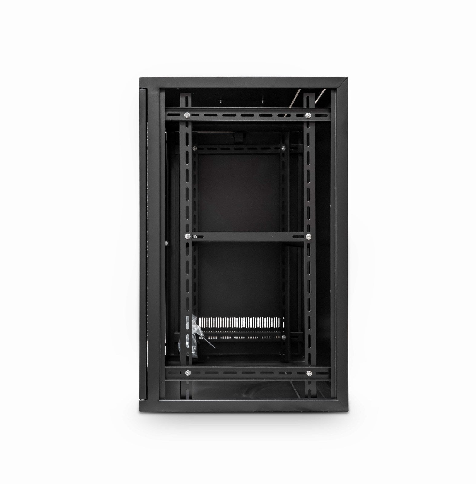 Right-side view of a Black 15U 450mm 19" ETSI Wall Mount Network Cabinet w/ Shelf shown with removed  right panel.