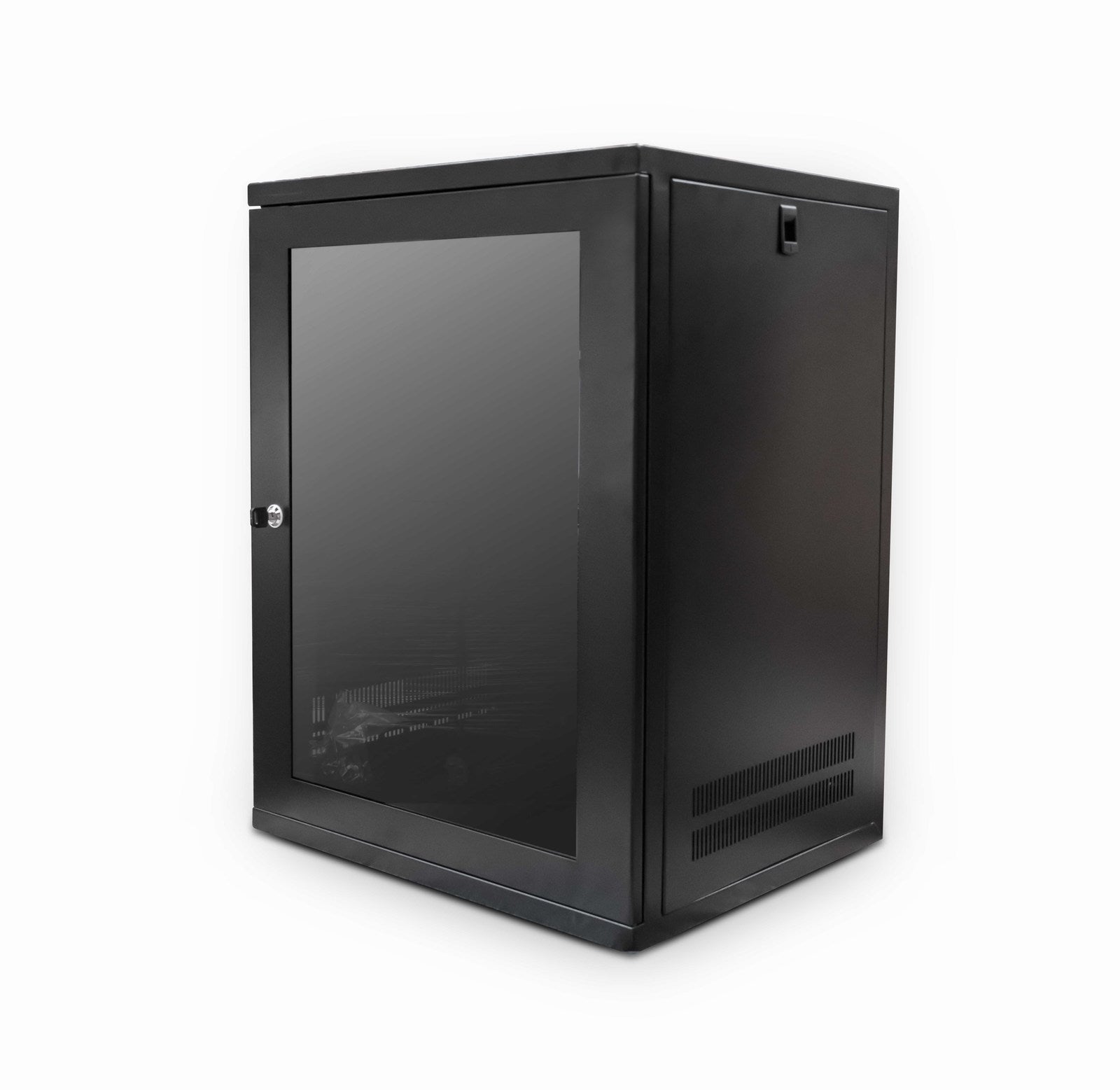 Isometric front view of a Black 15U 450mm deep  & 19" ETSI Wall Mount Network Cabinet w/ Shelf and its glass door closed.