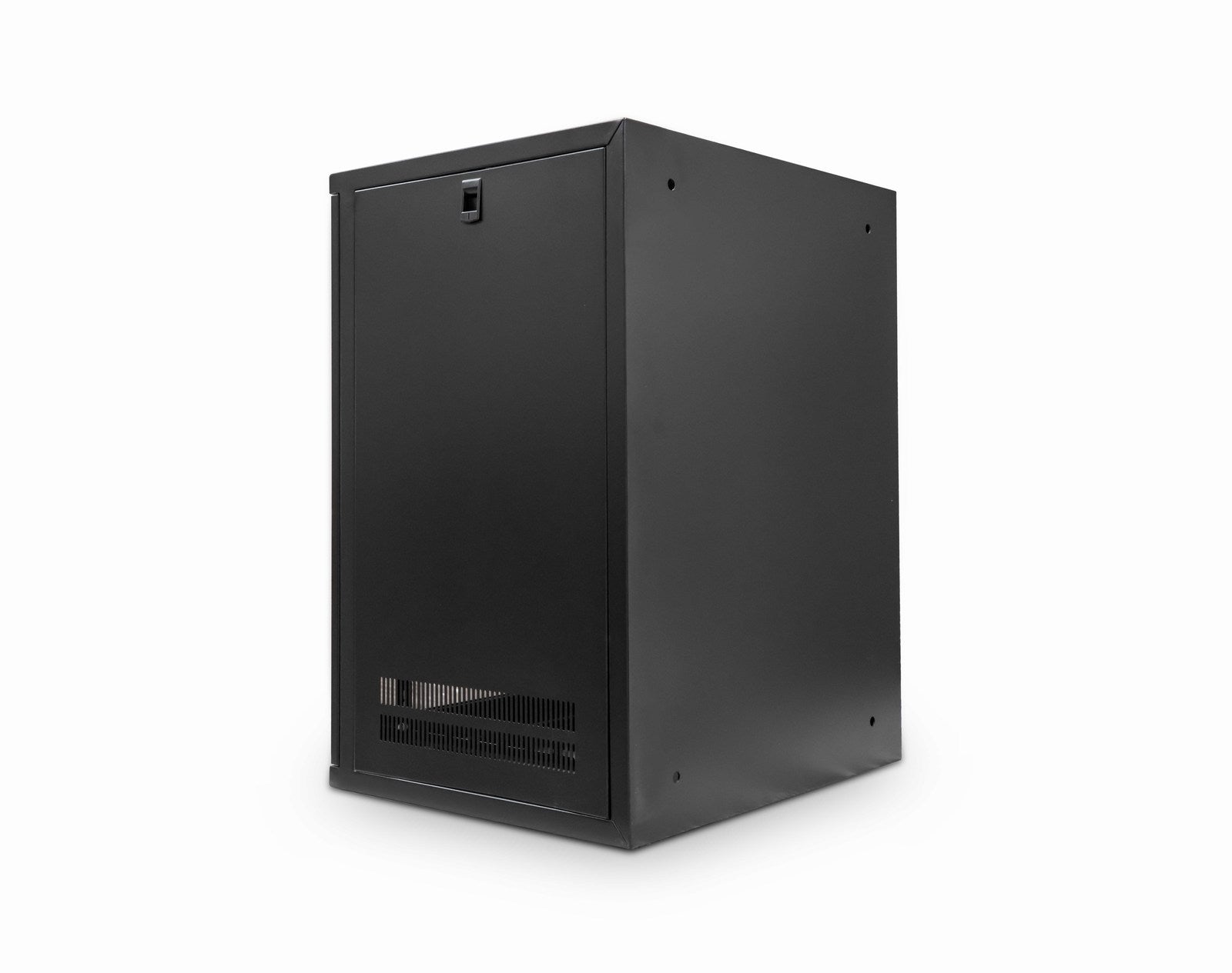 Rear Isometric view of a Black 15U 550mm 19" ETSI Wall Mount Network Cabinet shown with attached  right-side panel.