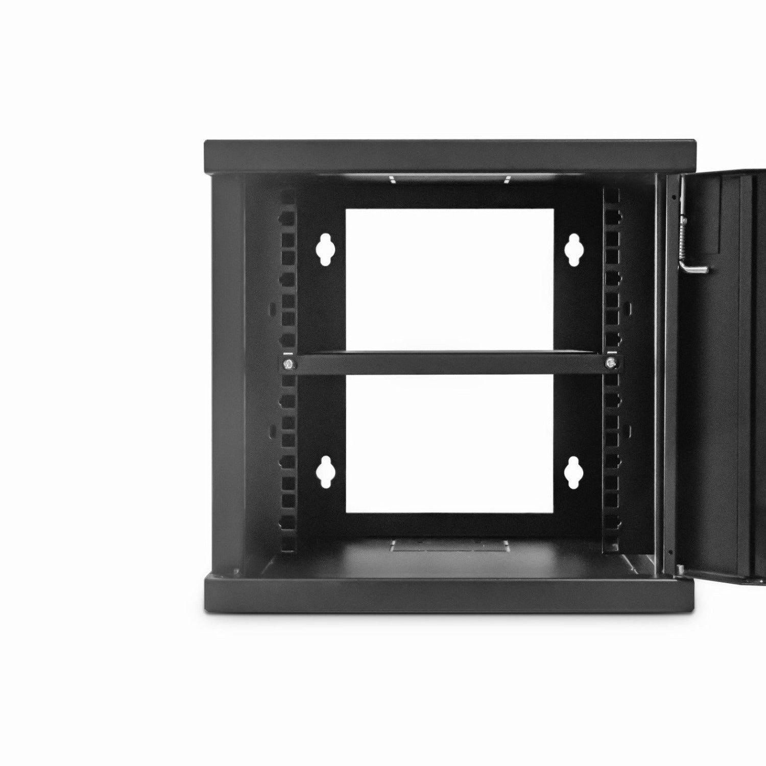 front view of a Black 4U 300mm Deep 10 inch (SoHo) wall  mount network cabinet showing its opened door and rear side .