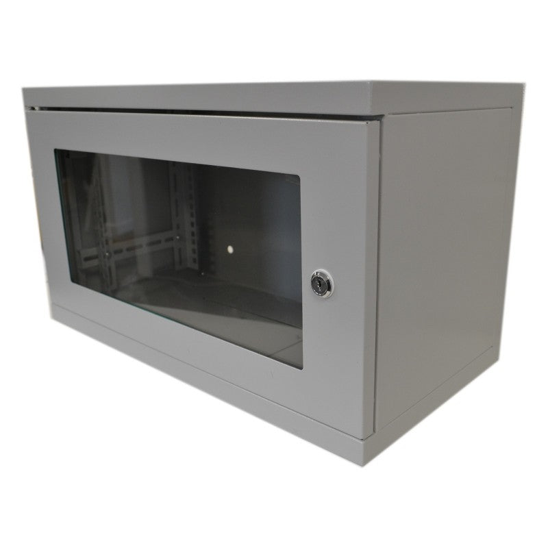 Isometric front view of a Grey 6U 280mm Deep Wall Mount Network Cabinet  with non-removable  panels shown with glass door  closed.