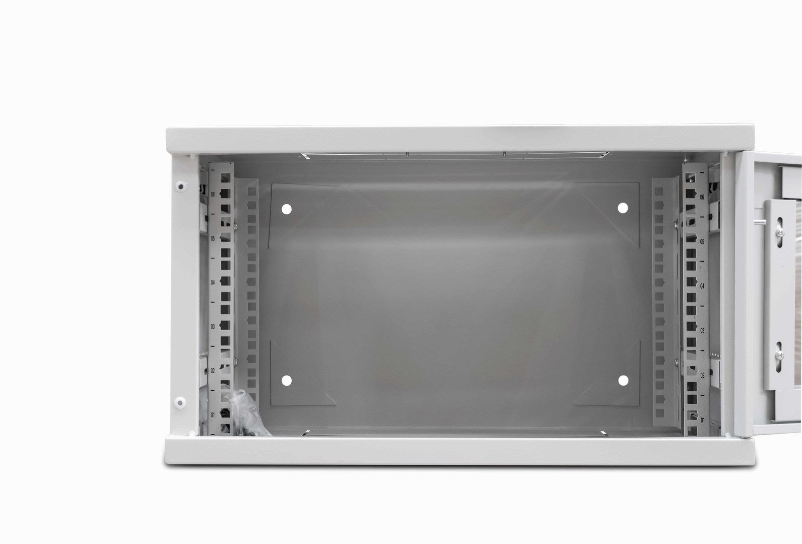 Front view of a Grey 6U 300mm Deep 19 inch Wall Mount Network Cabinet  shown with glass door fully open.