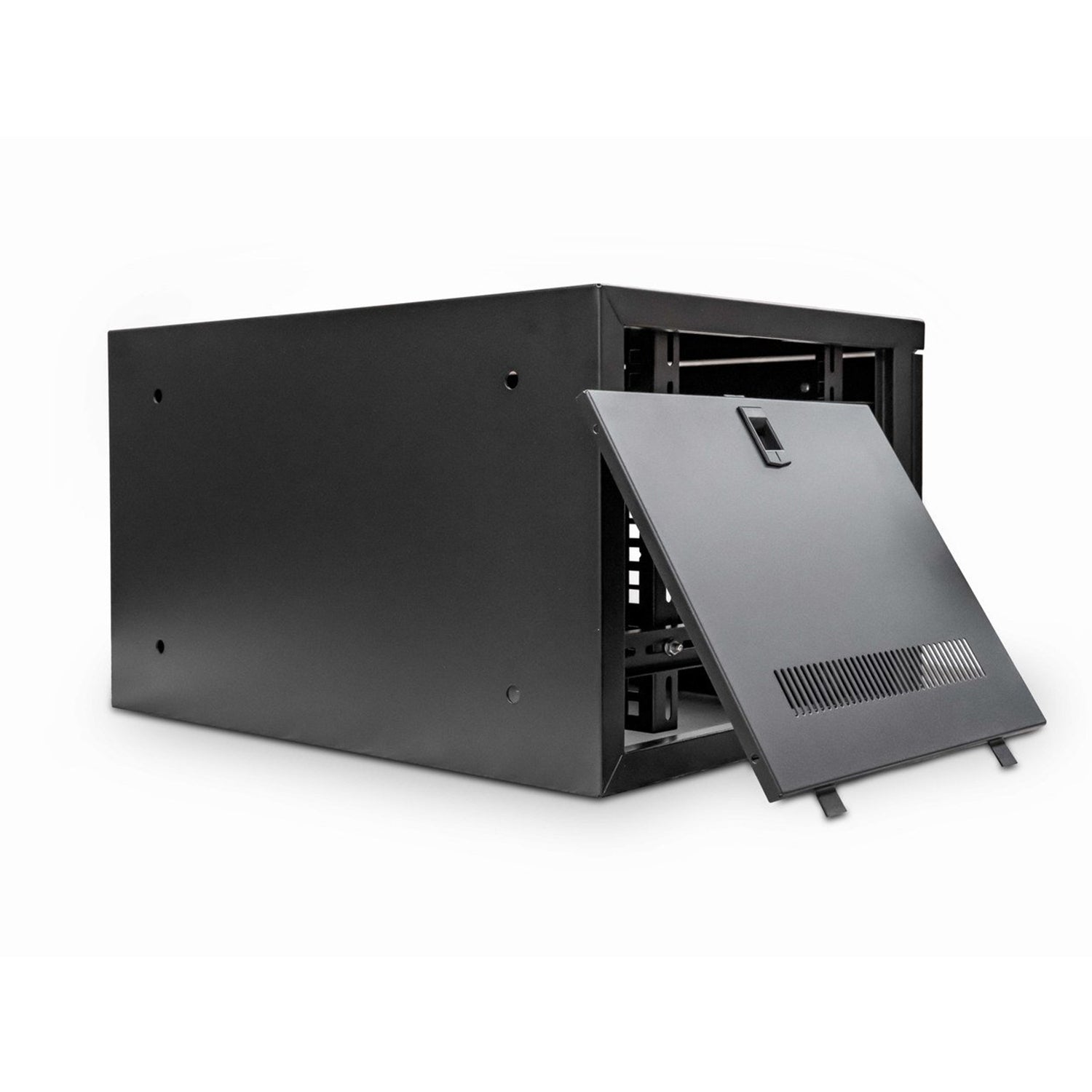 Isomeric rear view of a Black 6U 400mm Deep 19 inch Wall Mount Network Cabinet  shown with  left-side wall panel dismantled and placed on the side.