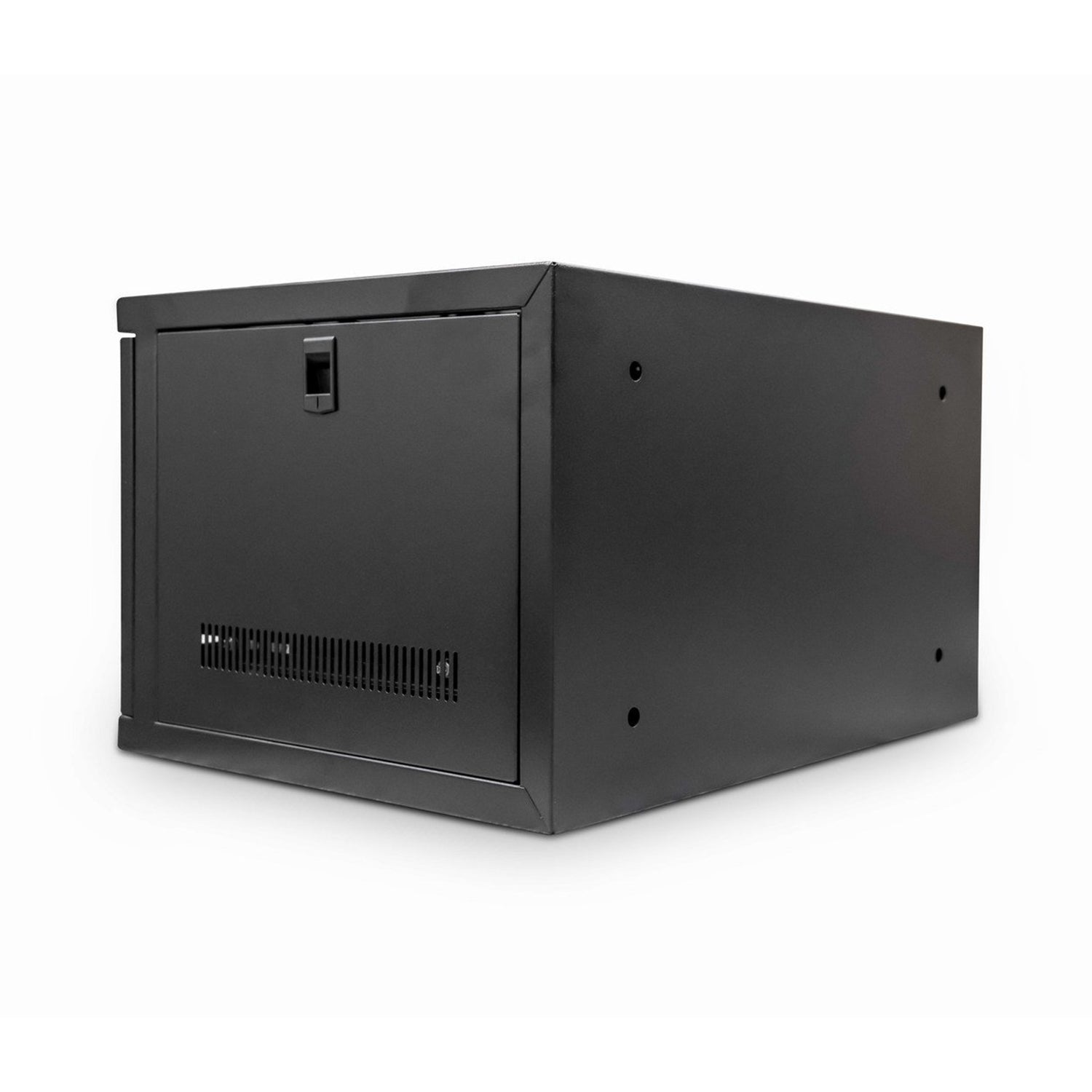 Isomeric front view of a Black 6U 400mm Deep 19 inch Wall Mount Network Cabinet shown with right-side vented wall panel closed.