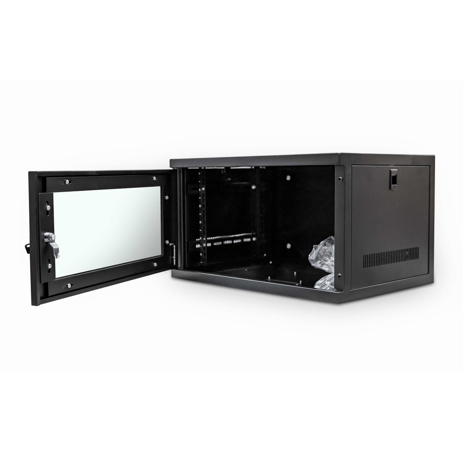 Isomeric front view of a Black 6U 400mm Deep 19 inch Wall Mount Network Cabinet shown with glass door fully-opened.