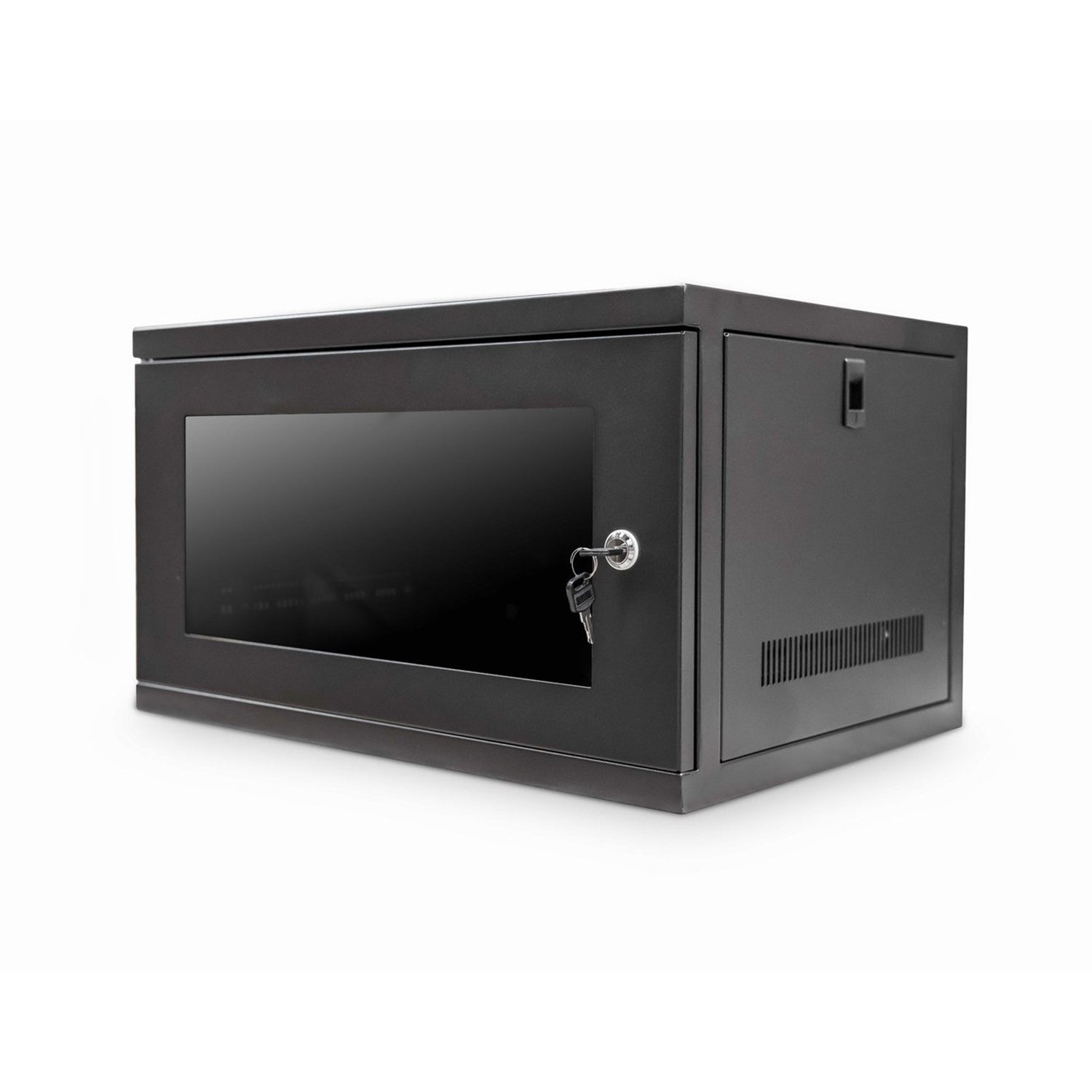 Isometric front view of a black 6U 450mm Deep 19 inch Wall Mount Network Cabinet with its keys inserted in its front door.