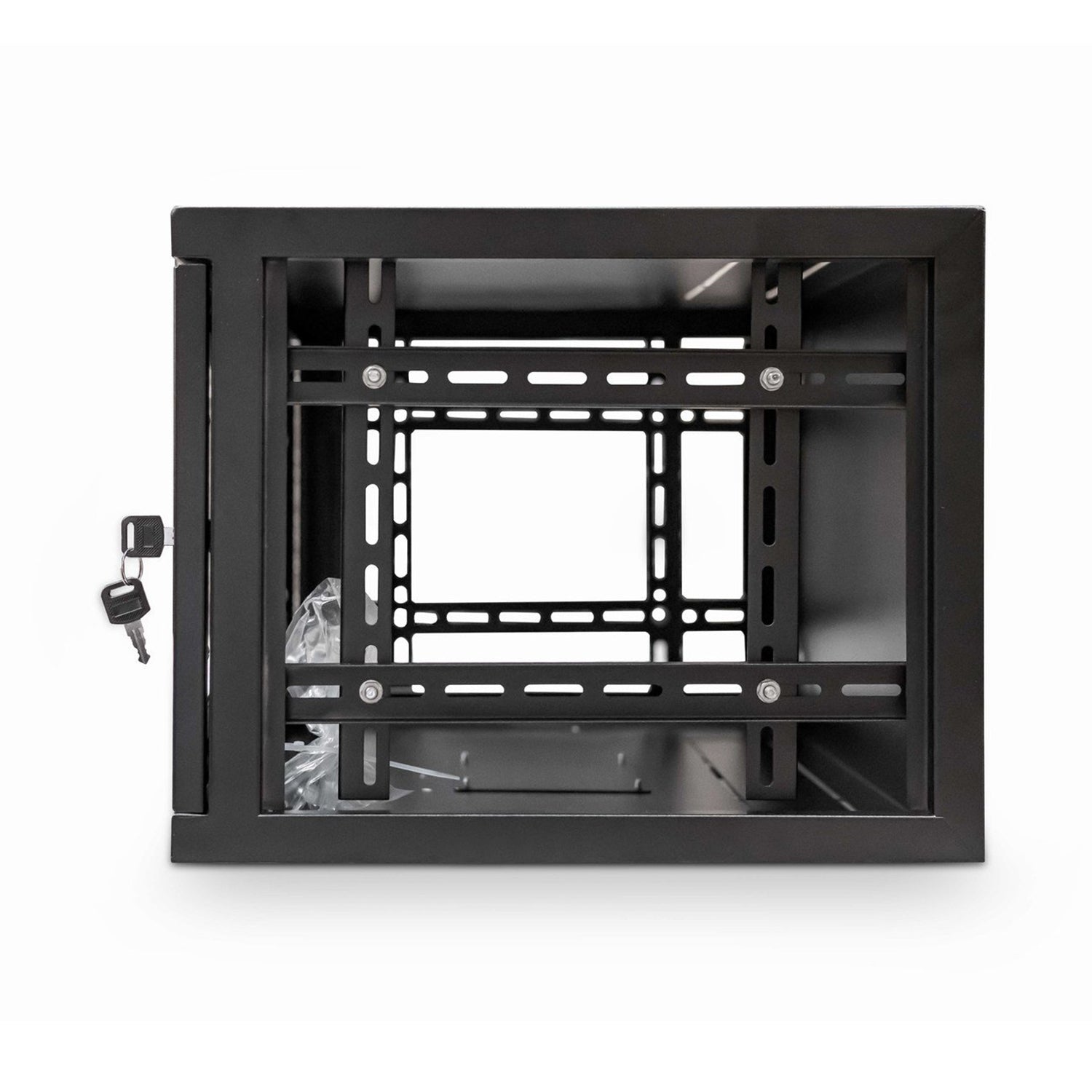 Right side view of a 6U 450mm Deep 19 inch Wall Mount Network Cabinet with its right and left panel removed, and keys inserted in the front door.