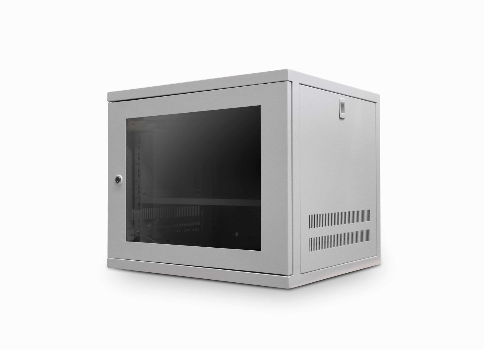 Front isometric view of a grey 9u 450mm Deep & 19inch ETSI Wall mounted network Cabinet  shown with its glass door closed.