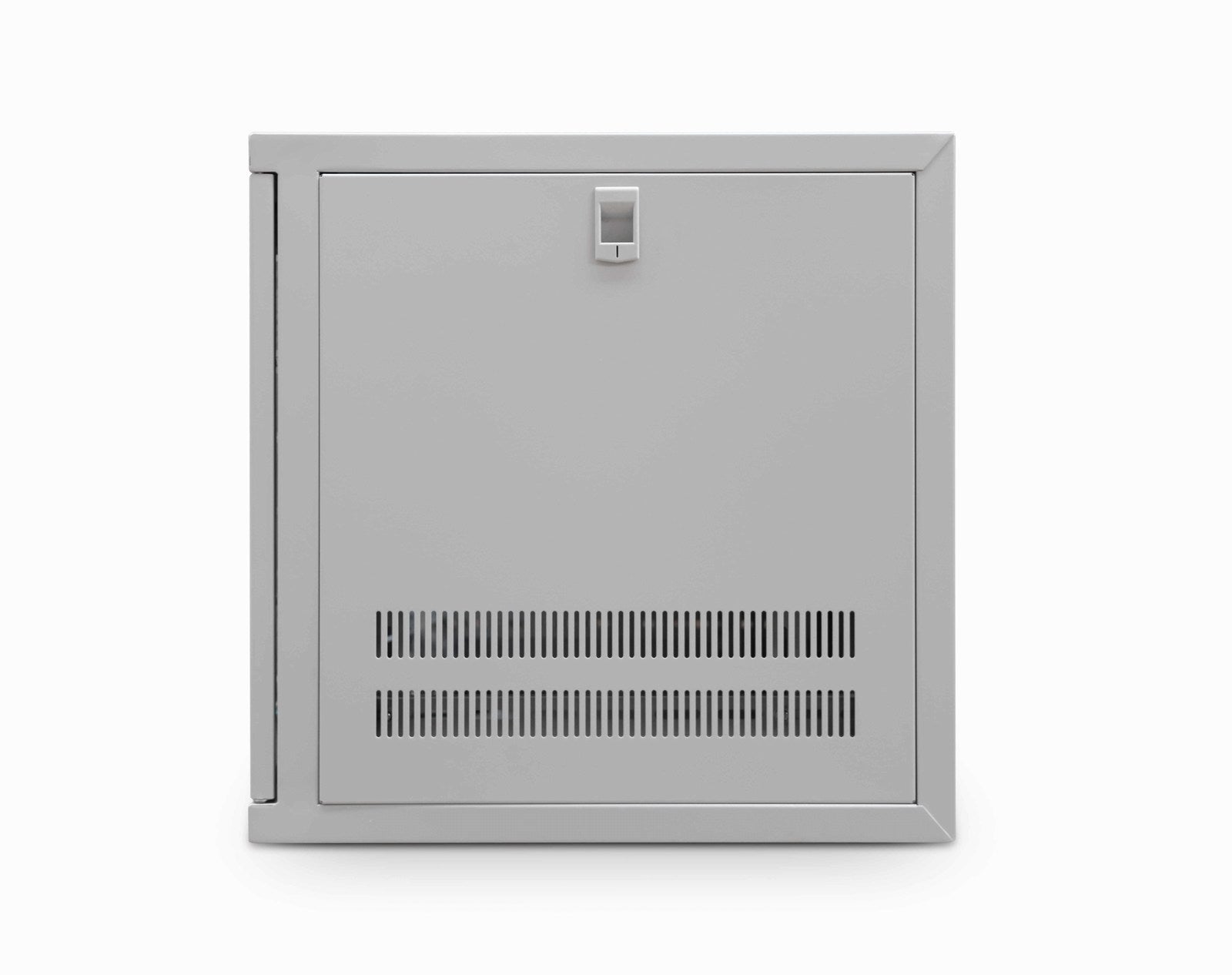 Right-side view of a grey 9u 450mm Deep & 19inch ETSI Wall mounted network Cabinet  shown with its right panel attached .