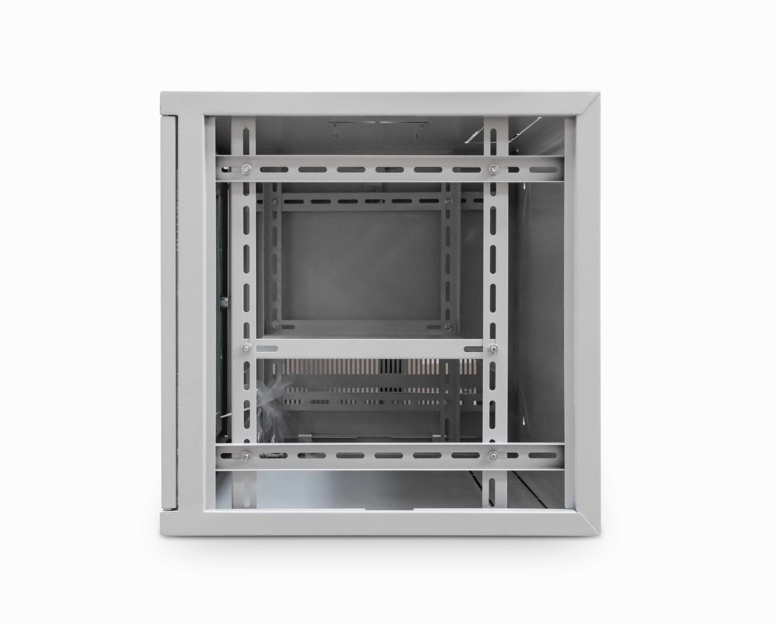 Right-side view of a grey 9u 450mm Deep & 19inch ETSI Wall mounted network Cabinet  shown with its right panel removed