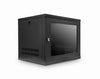 Isometric front view of a 9U Wall Mount Network Cabinet 550mm 19" rackmount w/ Shelf - Black, shown with closed and locked door.