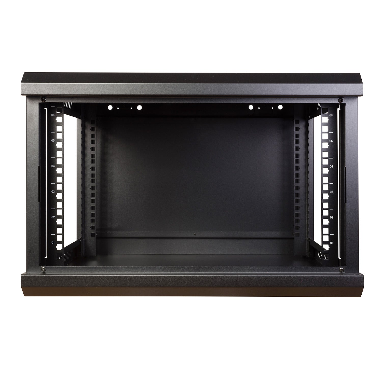 Front view with dismantled door, left and right side panels  of a 6U 450mm Deep Wall Mount Network Cabinet.