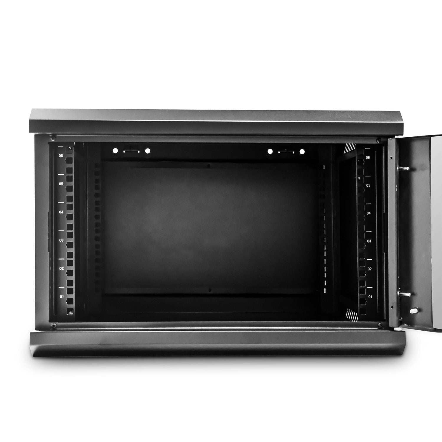 Front view with its door opened of a 6U 450mm Deep  Wall Mount Network Cabinet.