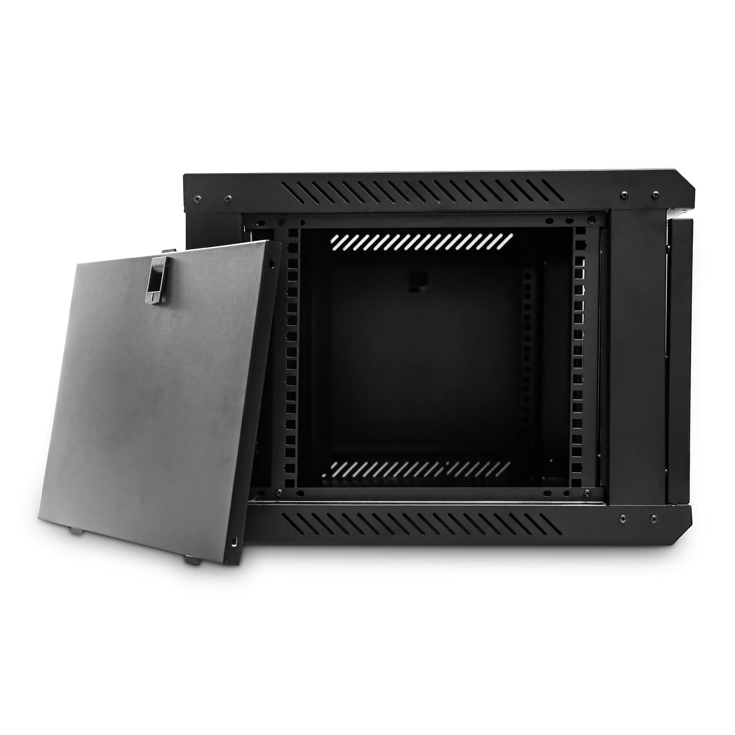 Left side view with removed panel, placed on its side, of a 6U 450mm Deep  Wall Mount Network Cabinet.