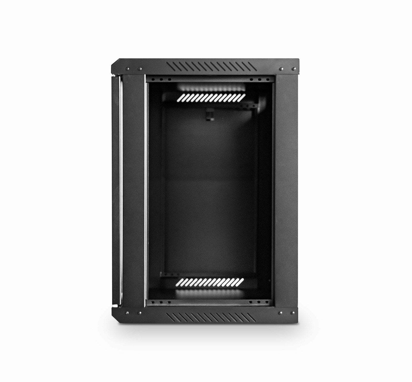 Right side view of a flat-packed 9U 450mm Deep Wall Mount Network Cabinet with its right panel removed.